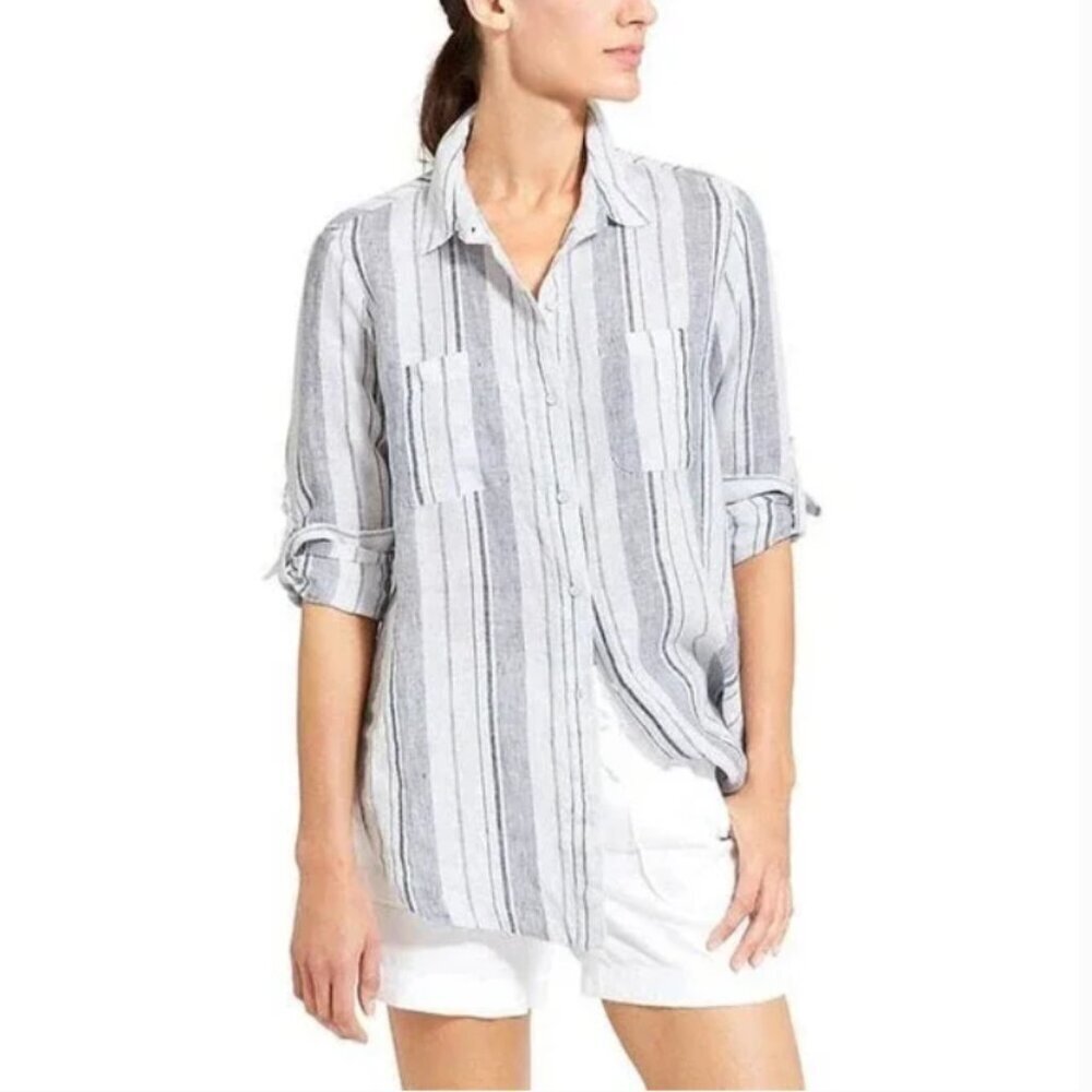 ATHLETA Stripe Peninsula 100% Linen Shirt Navy Size L